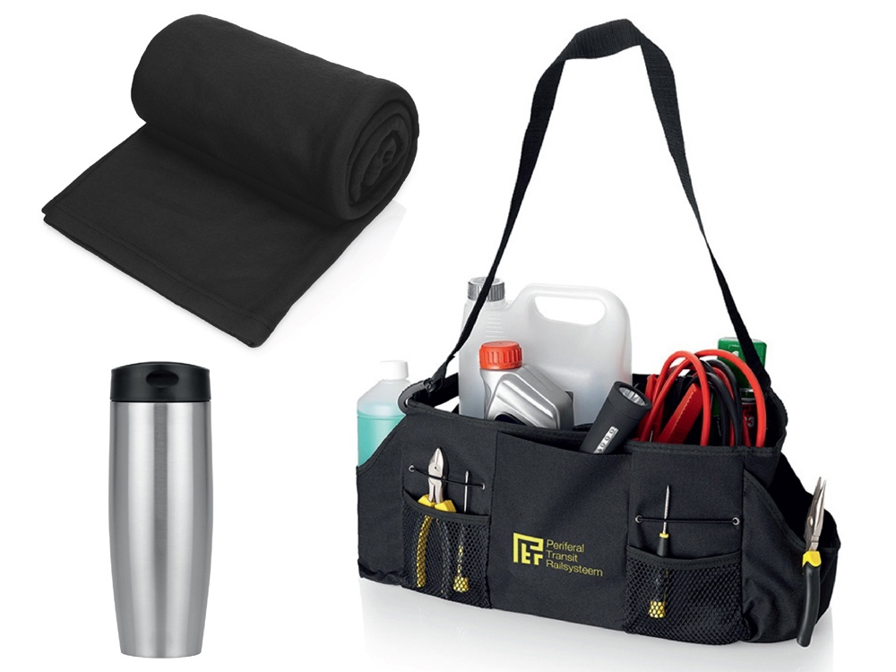 Подарочный набор с пледом, термокружкой и сумкой для инструментов, черный-0