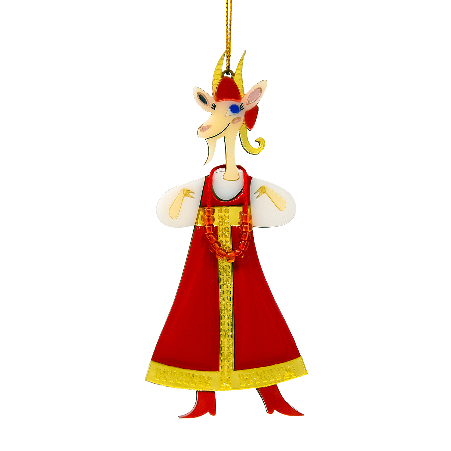 Ёлочная игрушка Коза в сарафане (красный с белым)-1