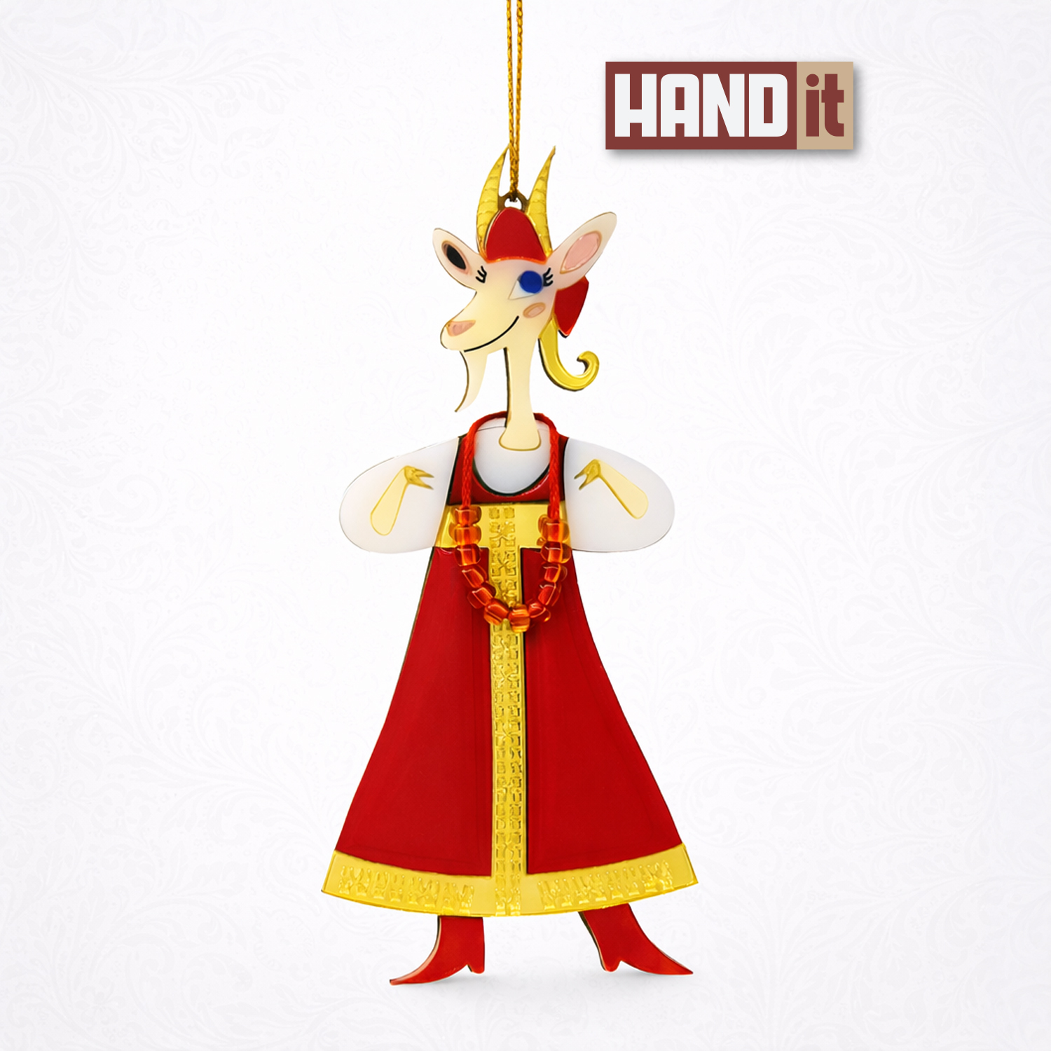 Ёлочная игрушка Коза в сарафане (красный с белым)-0