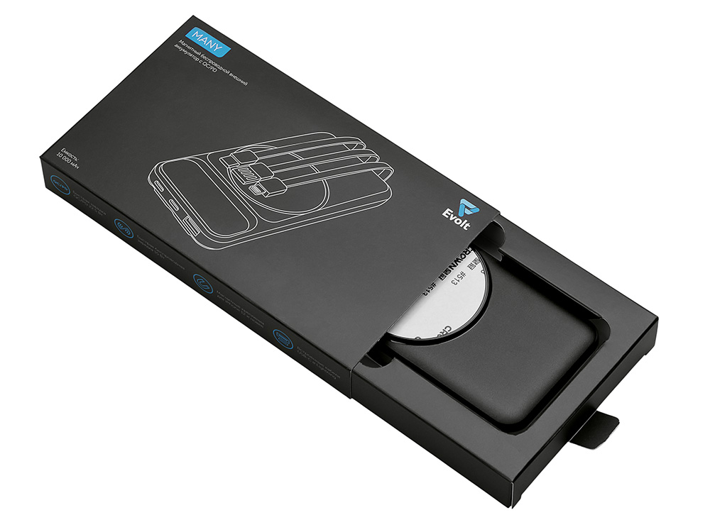 Магнитный беспроводной внешний аккумулятор со встроенными кабелями Мэни,быстаря зарядка, 10000 мАч, черный-6