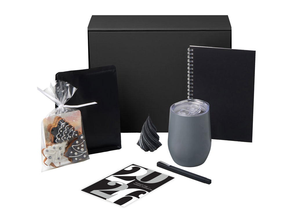 Подарочный набор c термокружкой, блокнотом, ручкой и свечкой, серый-1