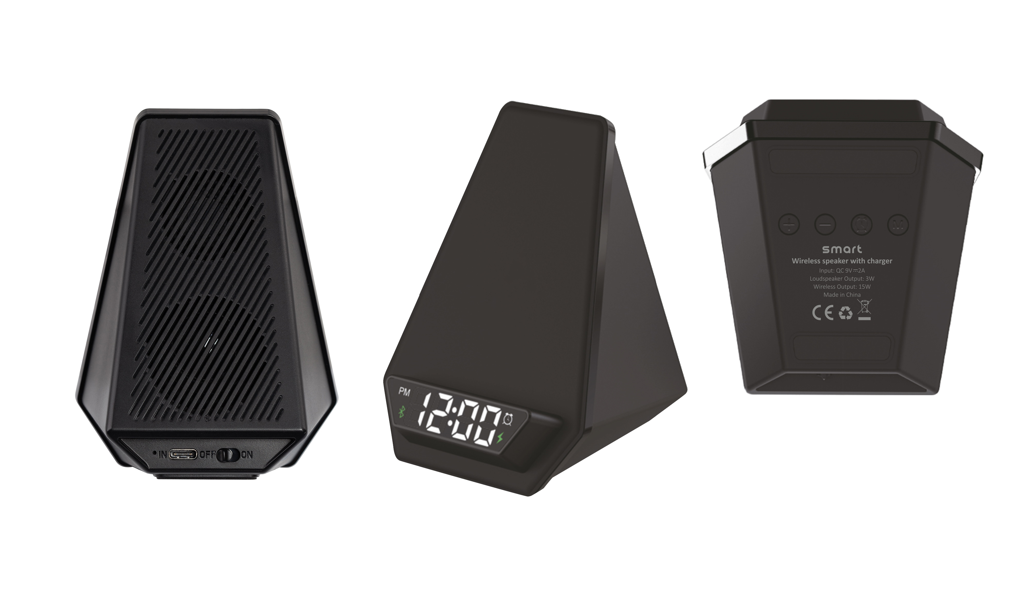 Настольная Bluetooth колонка (3Вт) "Smart Pyramid" с часами и беспроводным (15W) зарядным устройством, с подсветкой логотипа-1