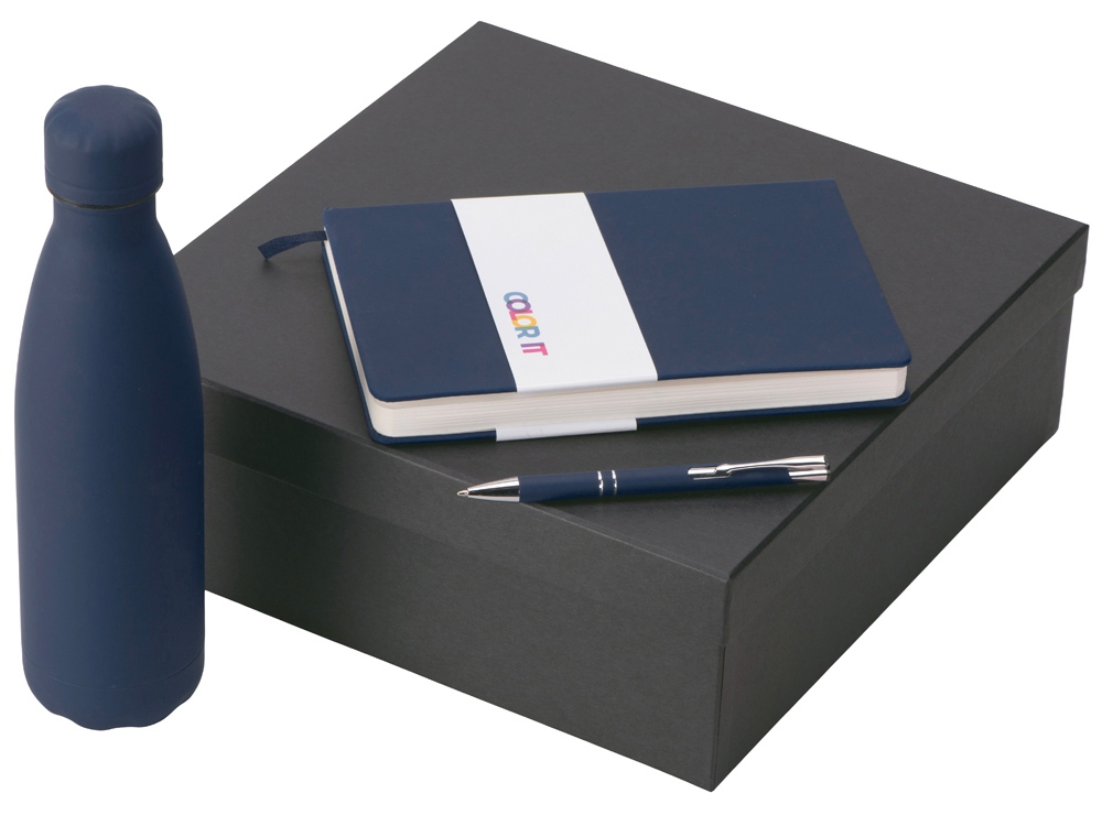 Подарочный набор с блокнотом С3, металлической ручкой и термобутылкой, темно-синий-0