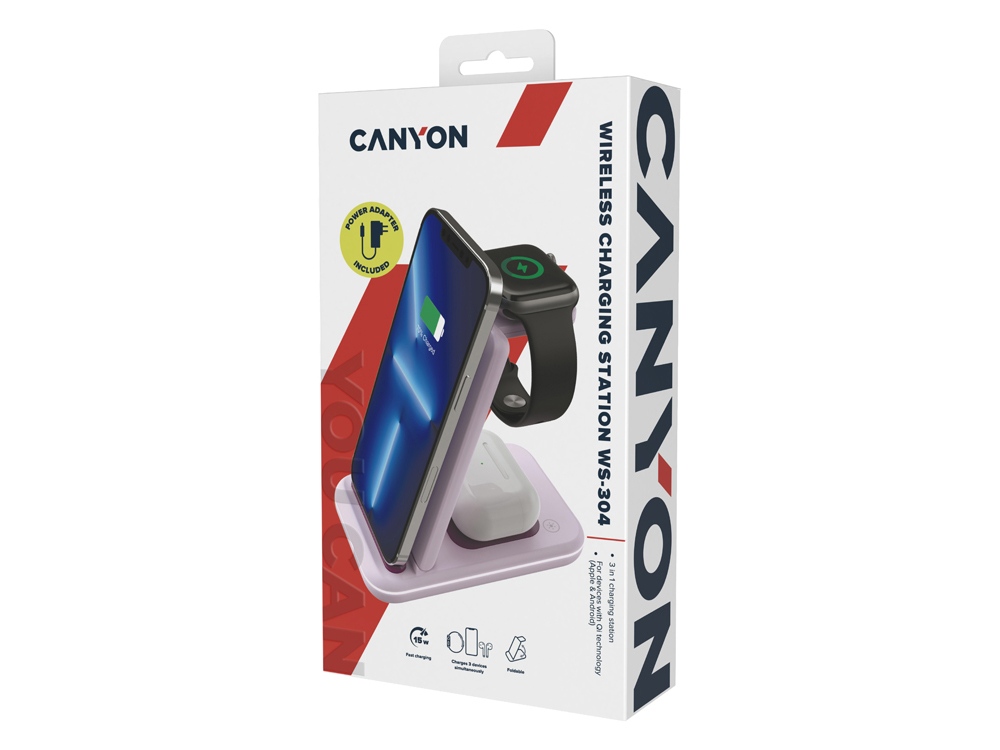 Беспроводное зарядное устройство 3-в-1 CANYON WS-304 (CNS-WCS304B), 15W, розовый-8
