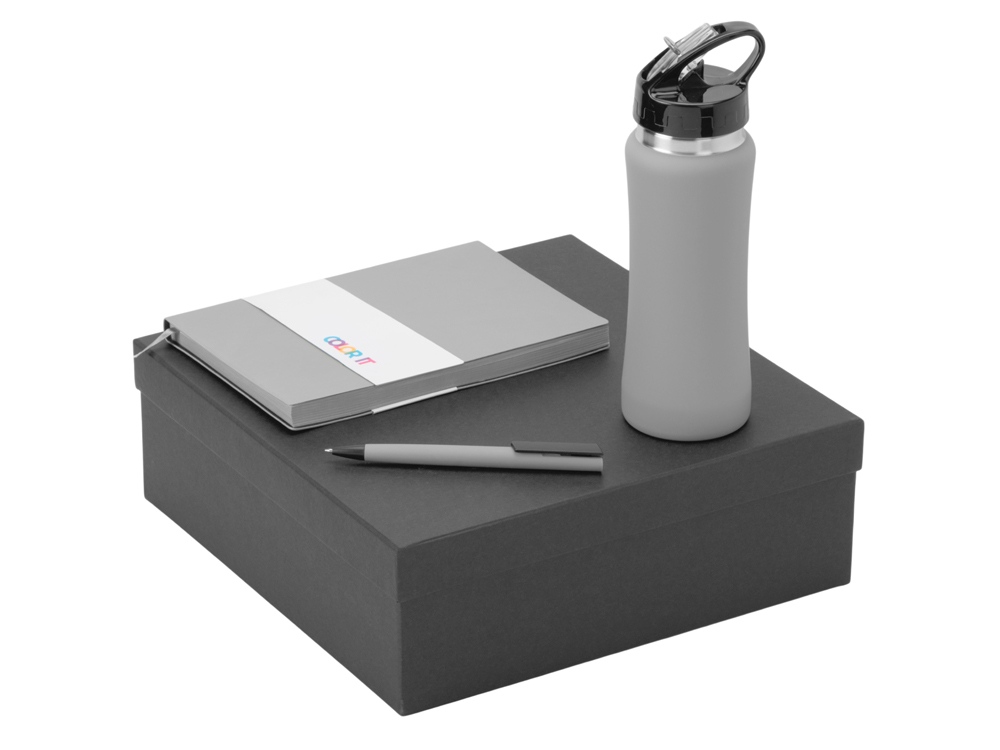 Подарочный набор c блокнотом C1, ручкой и бутылкой, серый-0