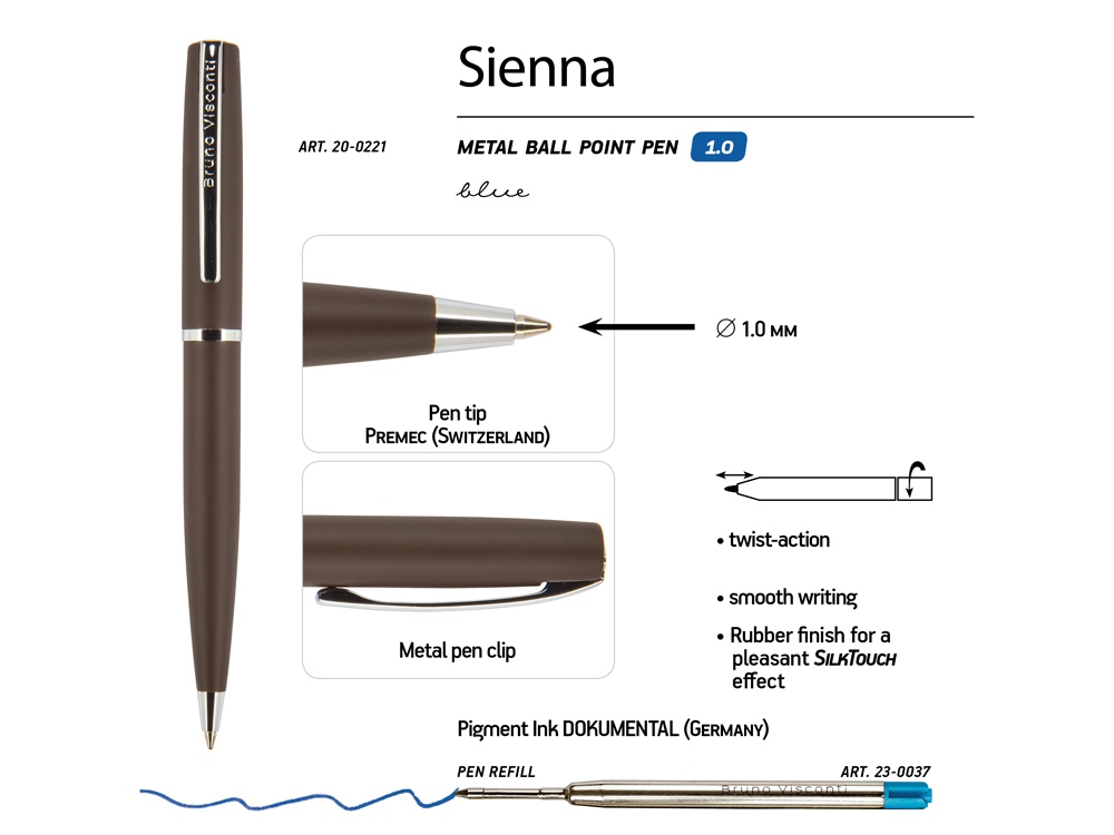 Ручка Sienna шариковая  автоматическая, коричневый металлический корпус soft-touch, 1.0 мм, синяя-2