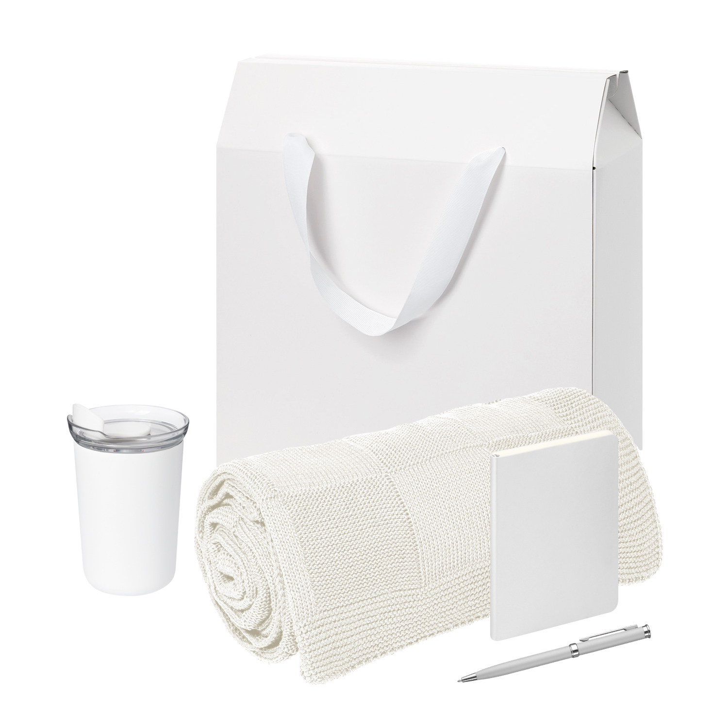 Подарочный набор Welcome Pack Spark mini, серебряный (термокружка, блокнот, ручка, плед, коробка-пакет)-0