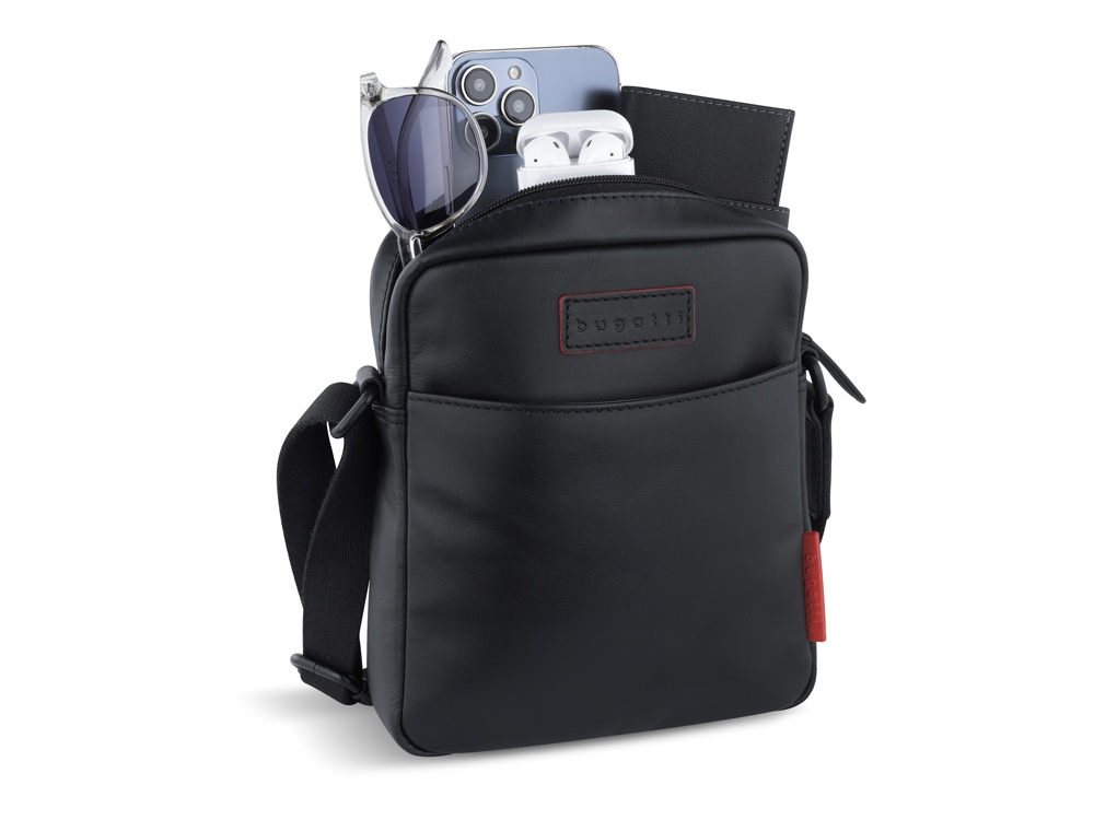 Сумка наплечная мужская BUGATTI Clark, чёрная, воловья кожа/полиэстер, 18х5,5х20 см, 2 л-4