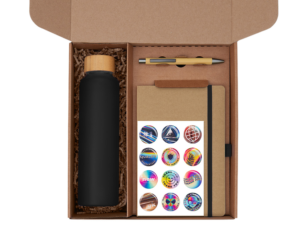 Подарочный набор с бутылкой для воды. блокнотом, ручкой и подставкой для телефона, черный-1