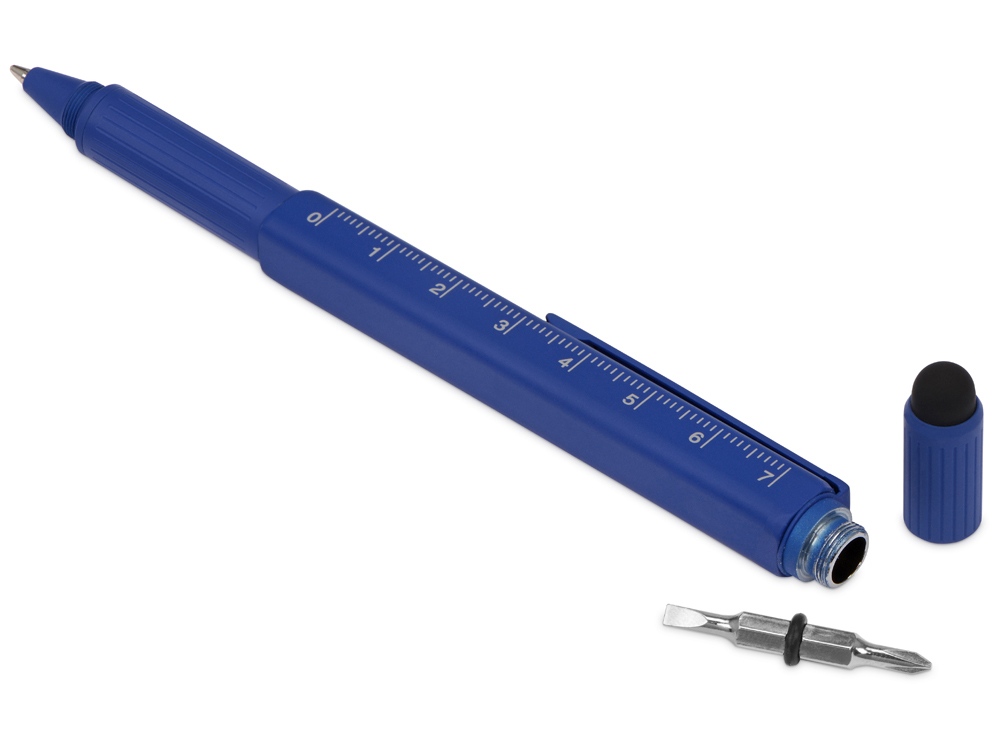 Ручка шариковая металлическая Tool, синий. Встроенный уровень, мини отвертка, стилус-1