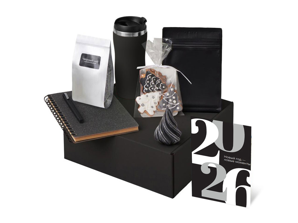 Подарочный набор c термокружкой, чаем, кофе и блокнотом, черный-1