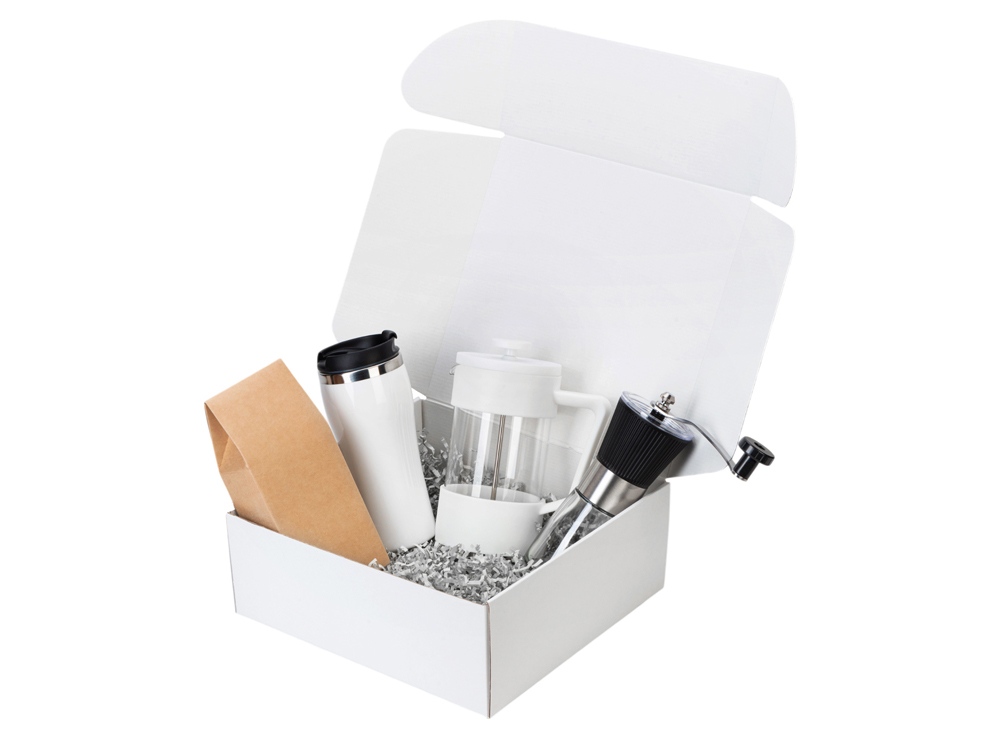 Подарочный набор с кофе, кружкой и френч-прессом Бодрое утро 2.0, белый-1