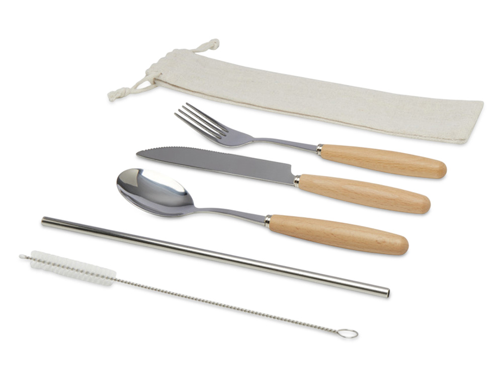 Набор столовых приборов из нержавеющей стали и бука Root из 5 предметов - Натуральный-0