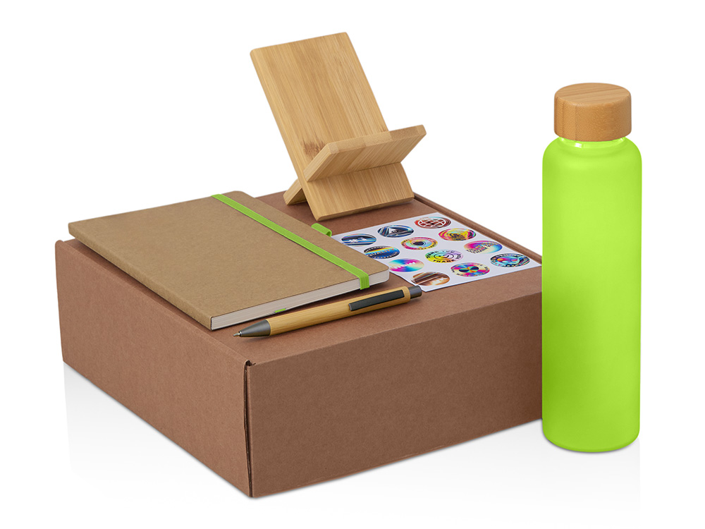 Подарочный набор с бутылкой для воды. блокнотом, ручкой и подставкой для телефона, зеленое яблоко-0