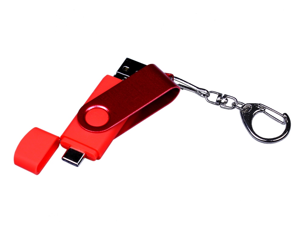USB-флешка на 16 Гб 3 в 1 поворотный механизм, c двумя дополнительными разъемами MicroUSB и TypeC C с одноцветным металлическим клипом, красный-1
