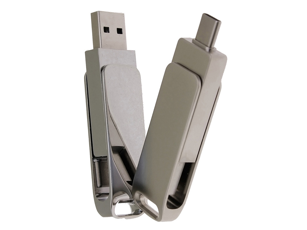 USB 3.0- флешка на 16 Гб поворотный механизм 2 в 1, c дополнительным разъемом Type-C с одноцветным металлическим клипом, серый-4
