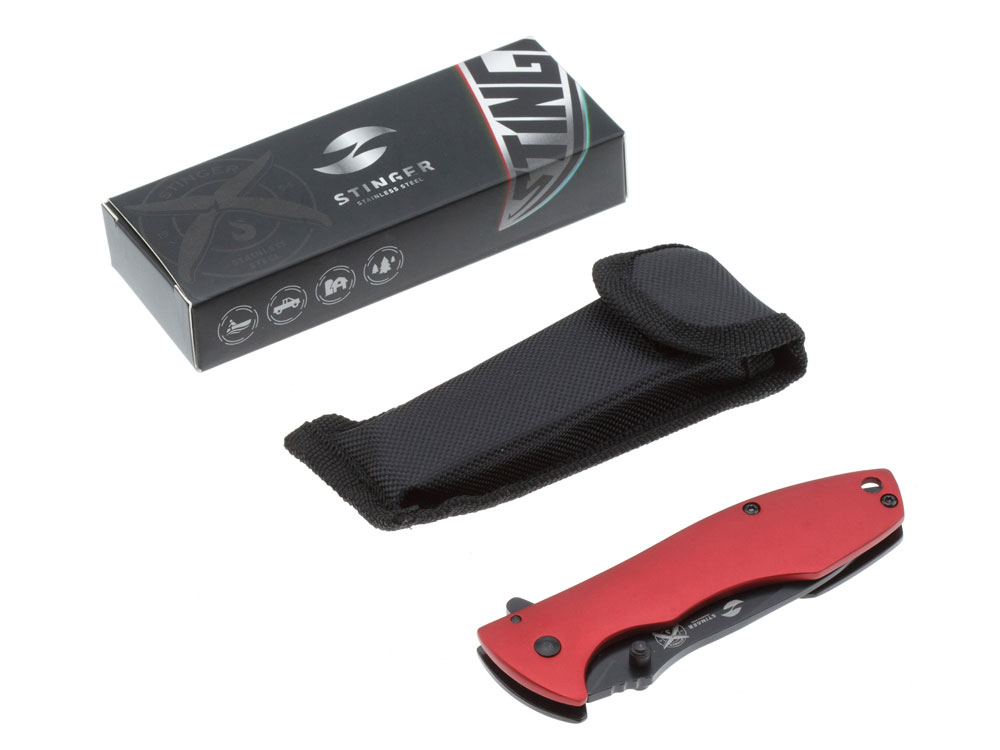 Нож складной Stinger, 80 мм, (чёрный), материал рукояти: сталь/алюминий (чёрно-красный)-4