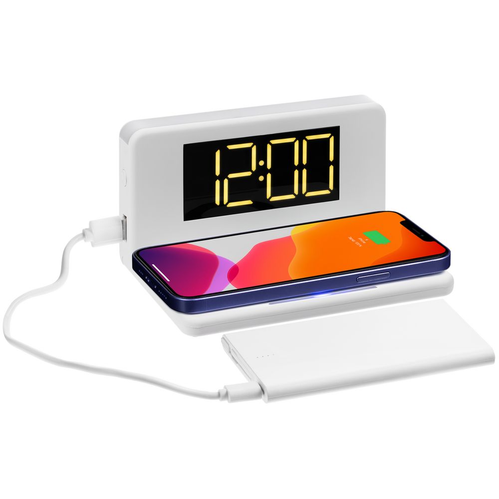 Часы настольные с беспроводным зарядным устройством Pitstop, белые-0