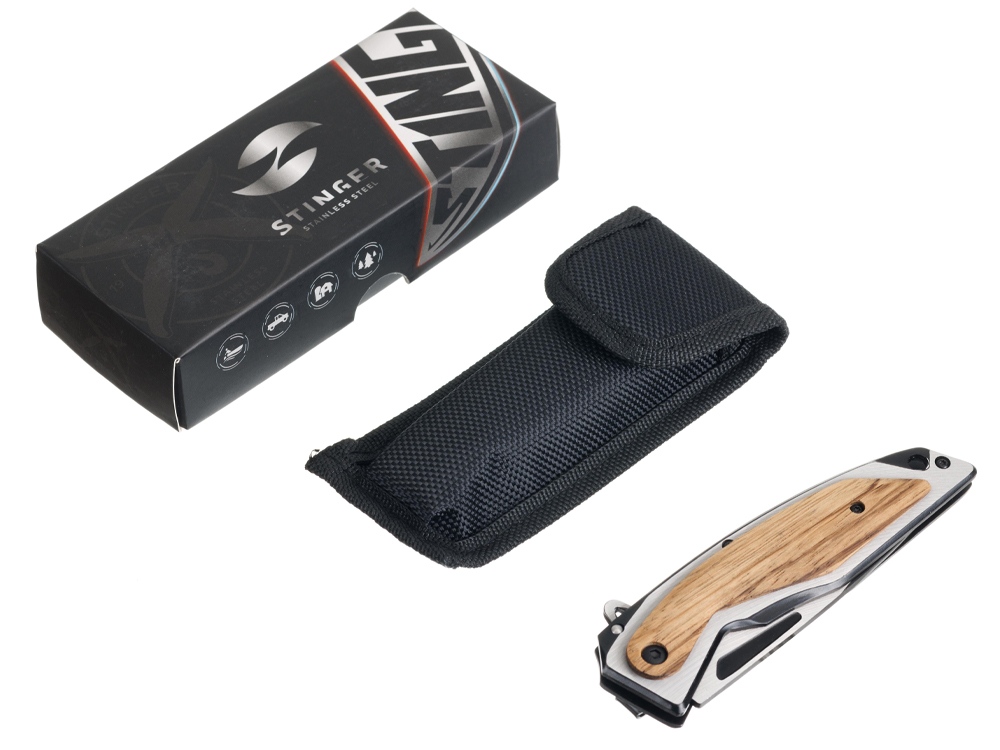 Нож складной Stinger, 120 мм, (черный/серебристый), материал рукояти: нержавеющая сталь/дерево-4