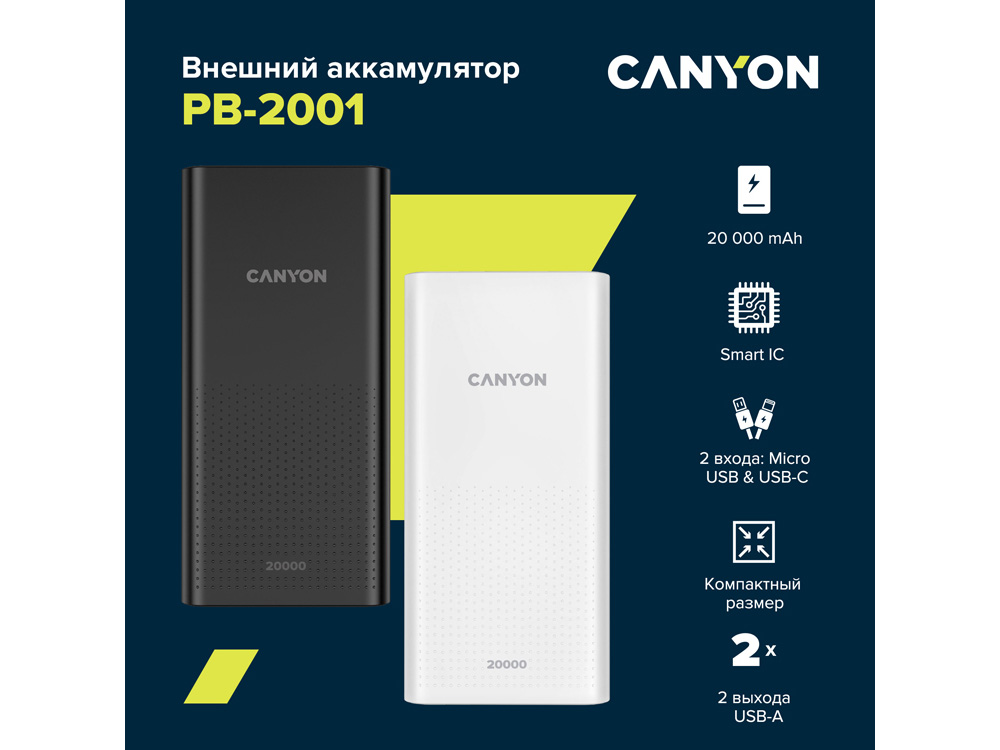 Портативный аккумулятор Canyon PB-2001 (CNE-CPB2001W), белый-3