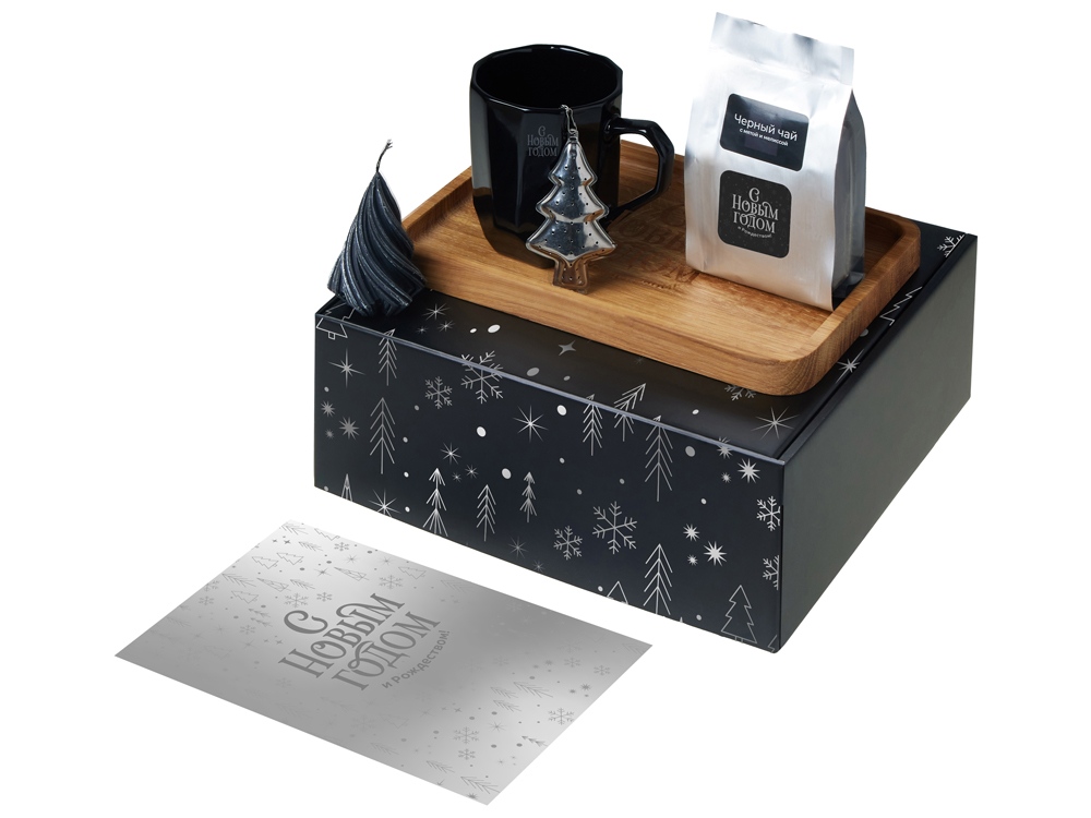 Подарочный набор с кружкой, подносом, свечой и чаем, черный-0