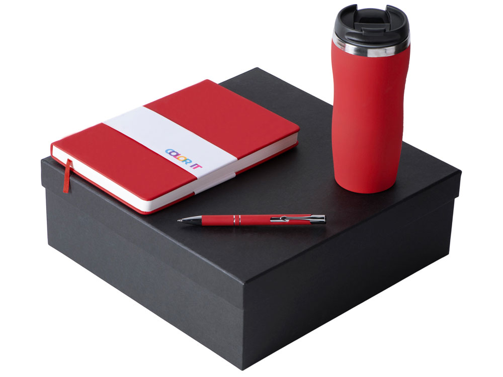 Подарочный набор с блокнотом С2, металлической ручкой и термокружкой, красный-0