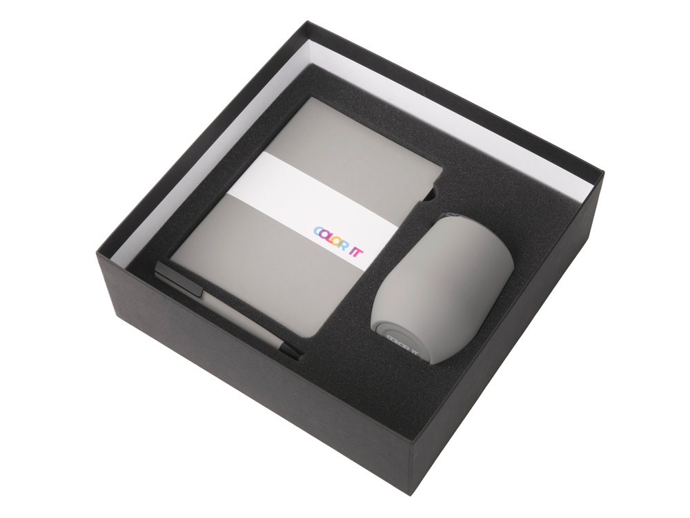 Подарочный набор c блокнотом C2, ручкой и термокружкой, серый-1