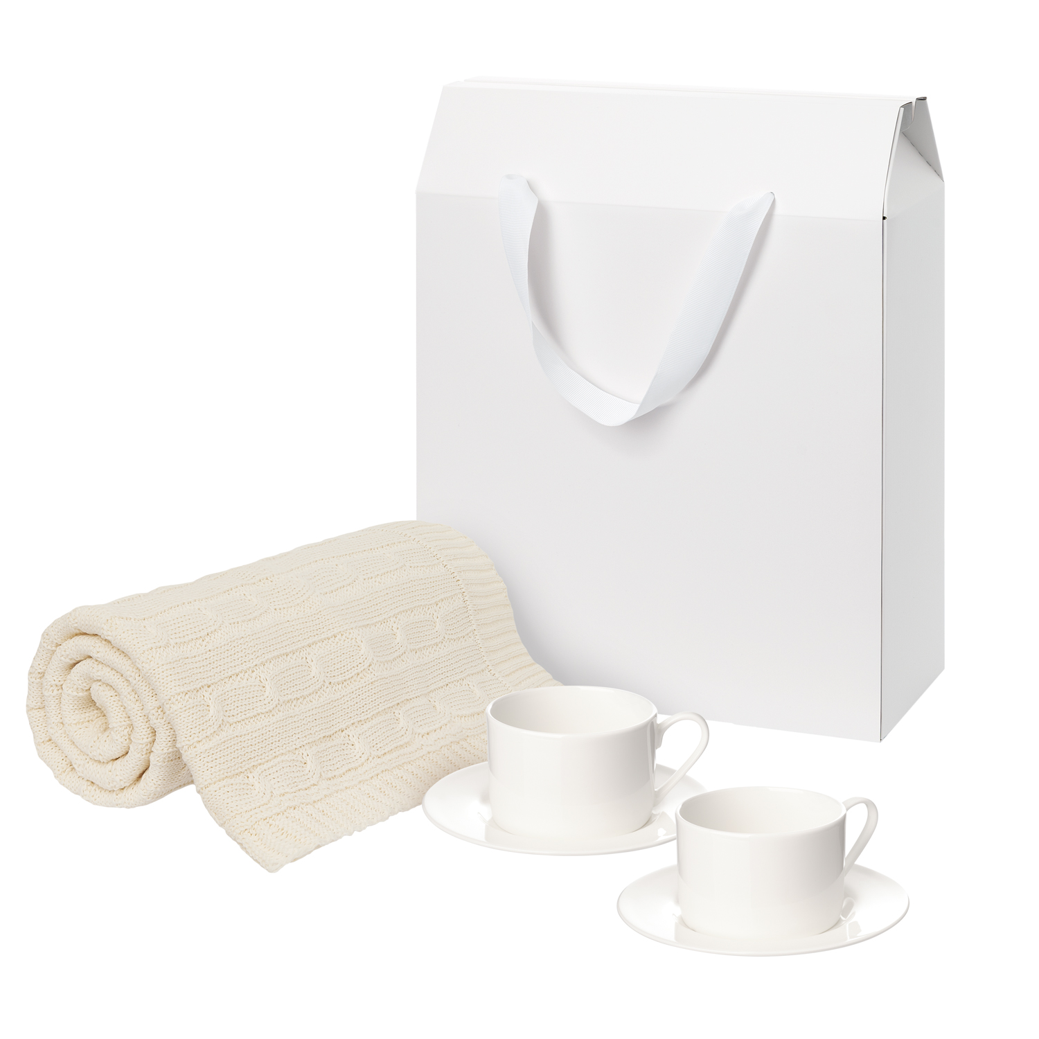 Подарочный набор Мокко (Mokko), Фадо (Fado), бежевый в коробке-пакете (две чайных пары, плед)-0