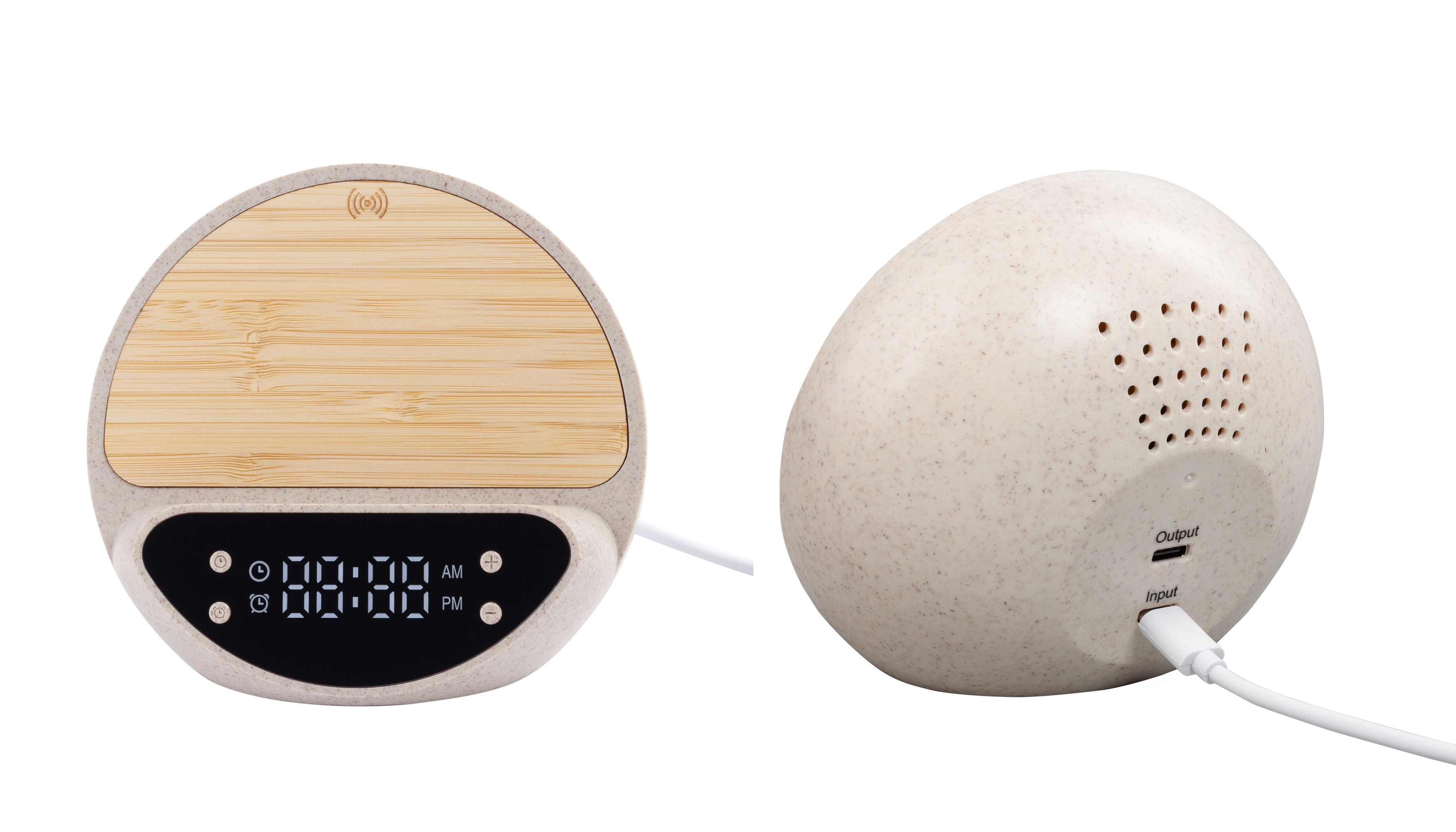 Настольные часы "Smiley" с беспроводным (10W) зарядным устройством и будильником, пшеница/бамбук/пластик-2