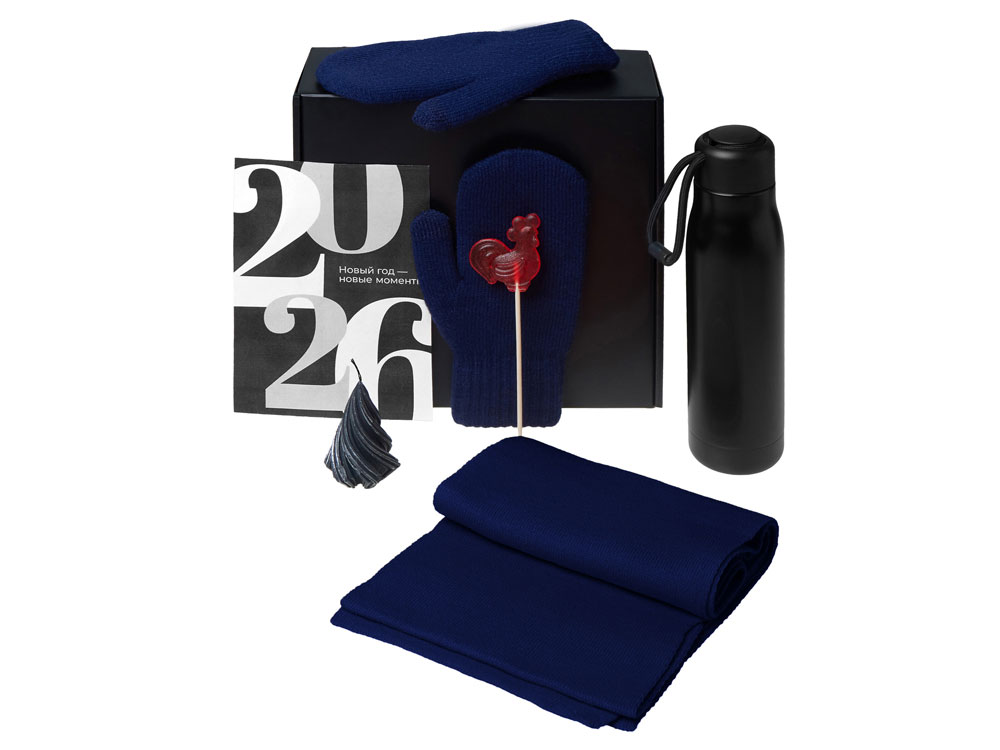 Подарочный набор с варежками, шарфом и термосом, темно-синий-1
