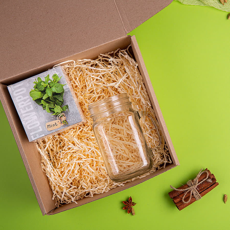 Набор подарочный PARTYMAKER: кружка-банка, горшочек для выращивания мяты, коробка, стружка, прозрачный, зеленый-1