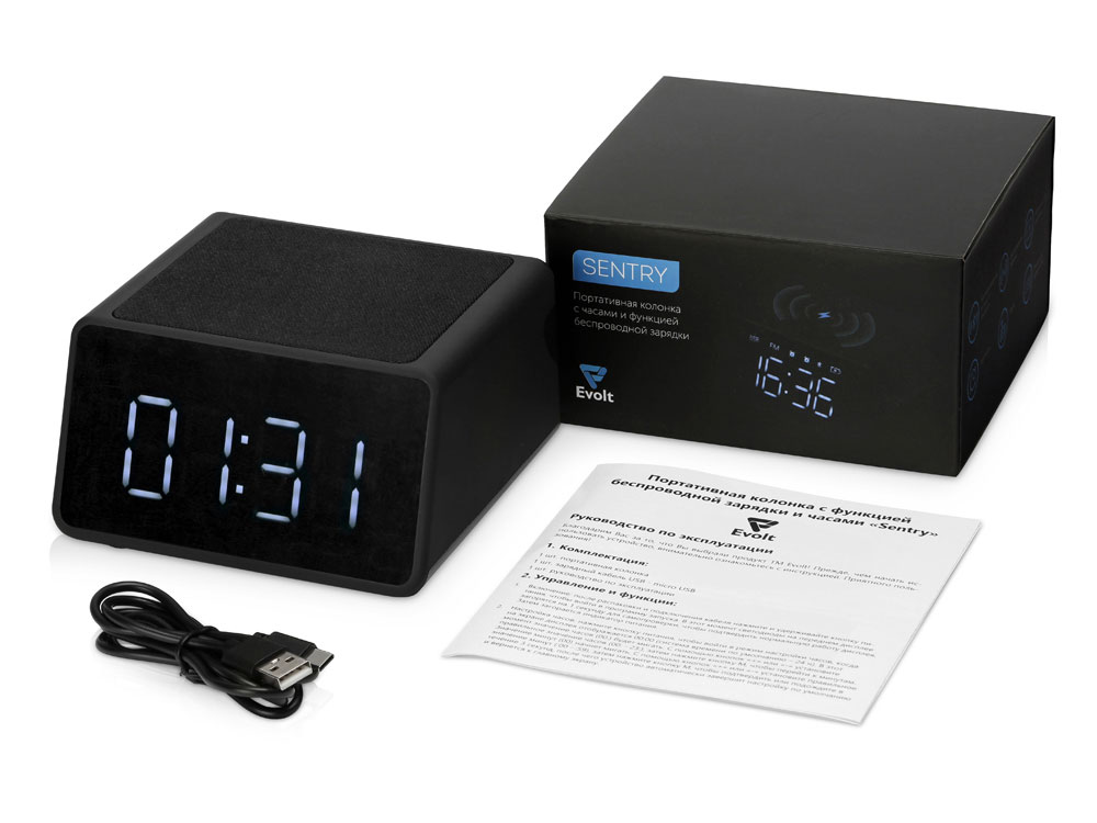 Беспроводная колонка с часами и функцией беспроводной зарядки Sentry, черный-2