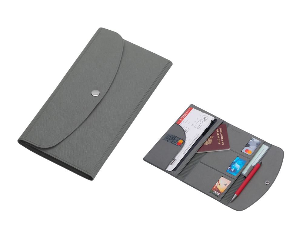 Органайзер для документов на кнопке с отделением для купюр и ручки, упаковка в индивидуальный пакет, серый-0