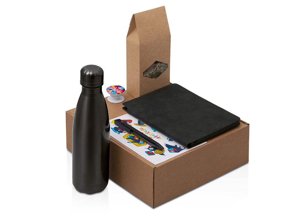 Подарочный набор с термобутылкой, блокнотом, ручкой и чаем, черный-0