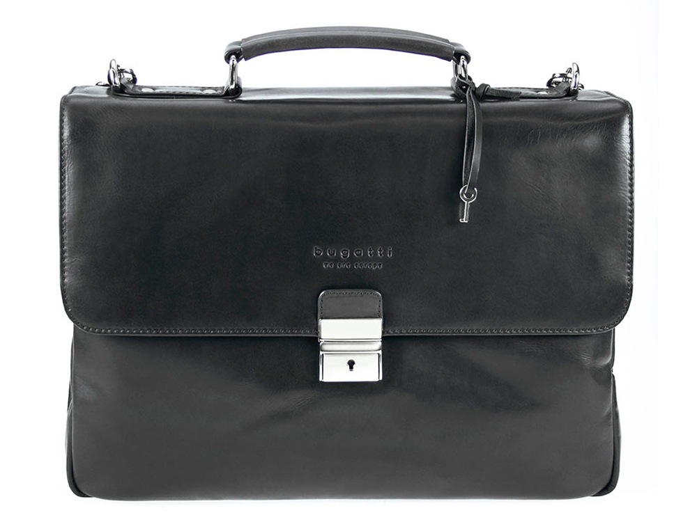 Портфель BUGATTI Romano 15'', чёрный, натуральная воловья кожа, 40х12х30 см-1
