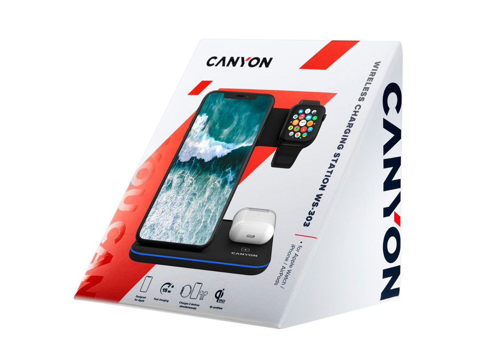 Беспроводное зарядное устройство для гаджетов 3-в-1 с технологией QI Canyon WS-303 (CNS-WCS303B), 15W, черный-6