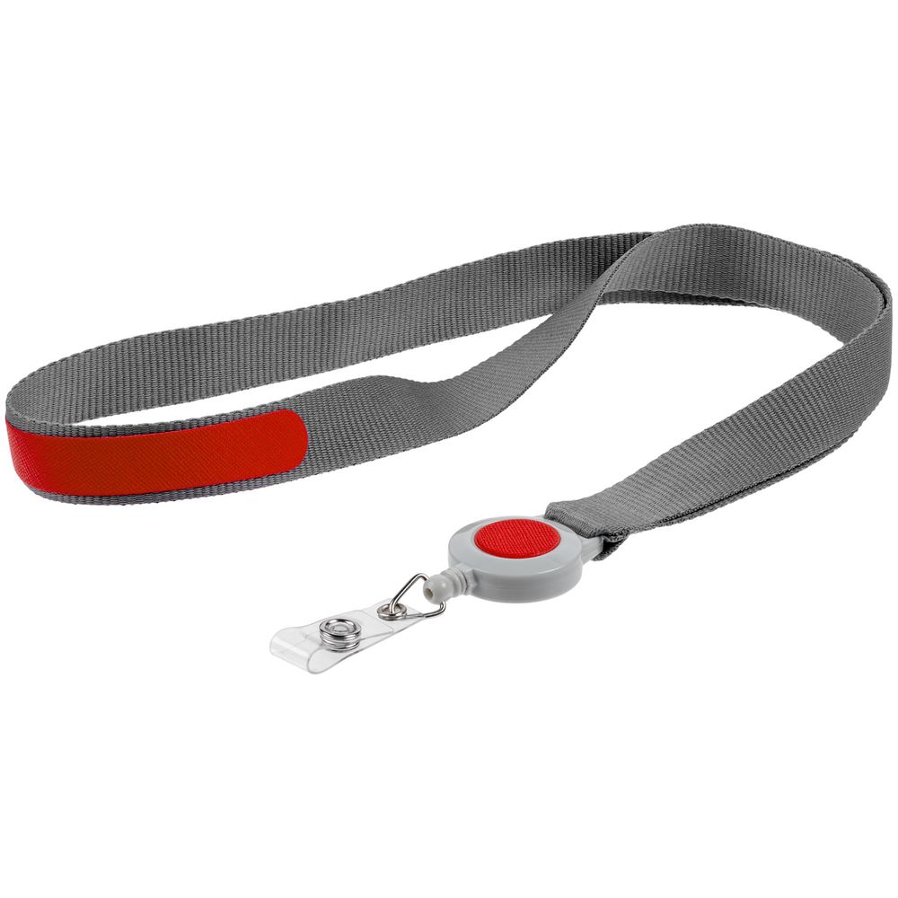 Лента для бейджа с ретрактором Devon, серая с красным-1