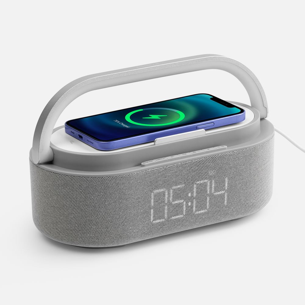 Колонка с часами и беспроводной зарядкой Veske ver.2, серая-0