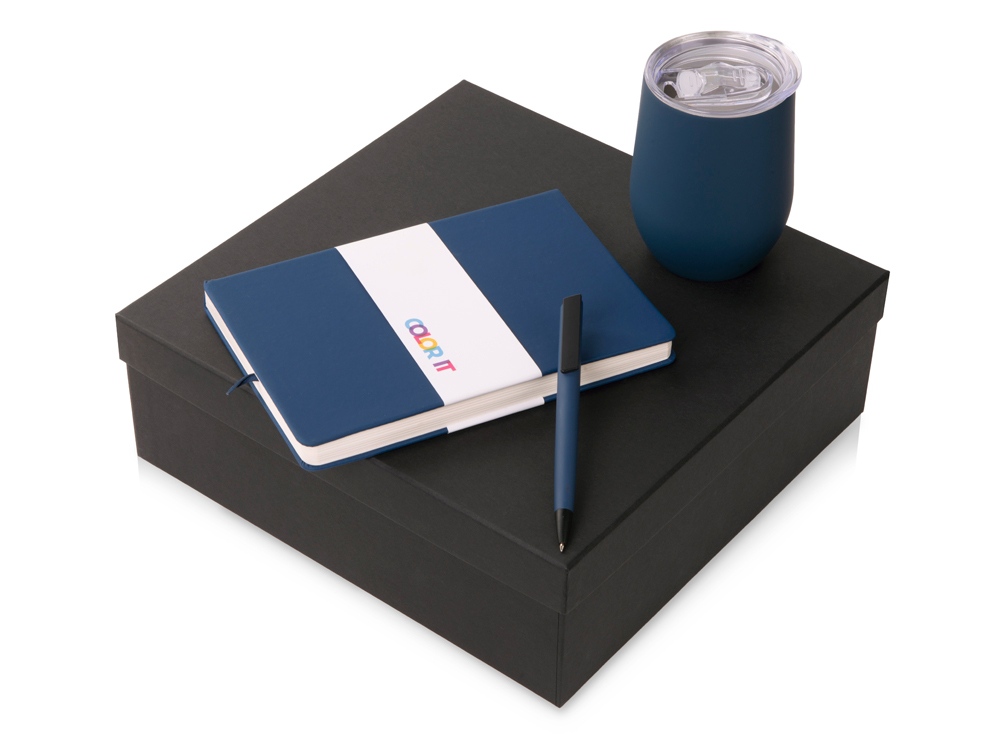 Подарочный набор c блокнотом C3, ручкой и термокружкой, темно-синий-0