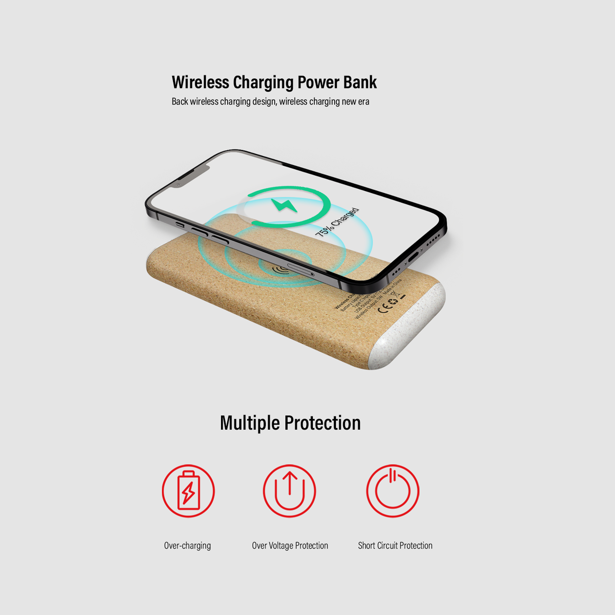 Беспроводное зарядное устройство "Cork Power" 10000 mAh, пластик/пшеничное волокно/пробка-5