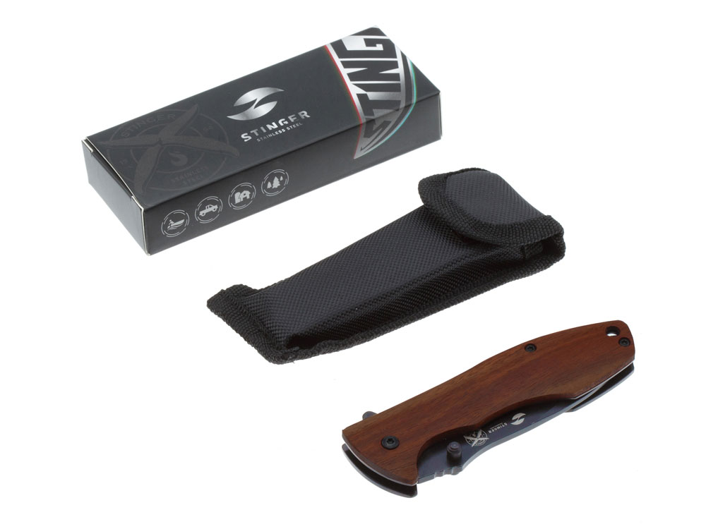 Нож складной Stinger, 80 мм (чёрный), материал рукояти: сталь/сандаловое дерево (коричневый)-4