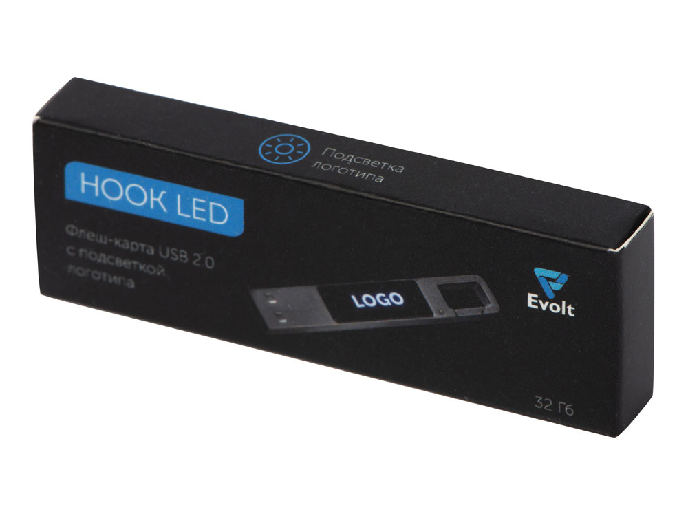 USB 2.0- флешка на 32 Гб c подсветкой логотипа Hook LED, темно-серый, синяя подсветка-9