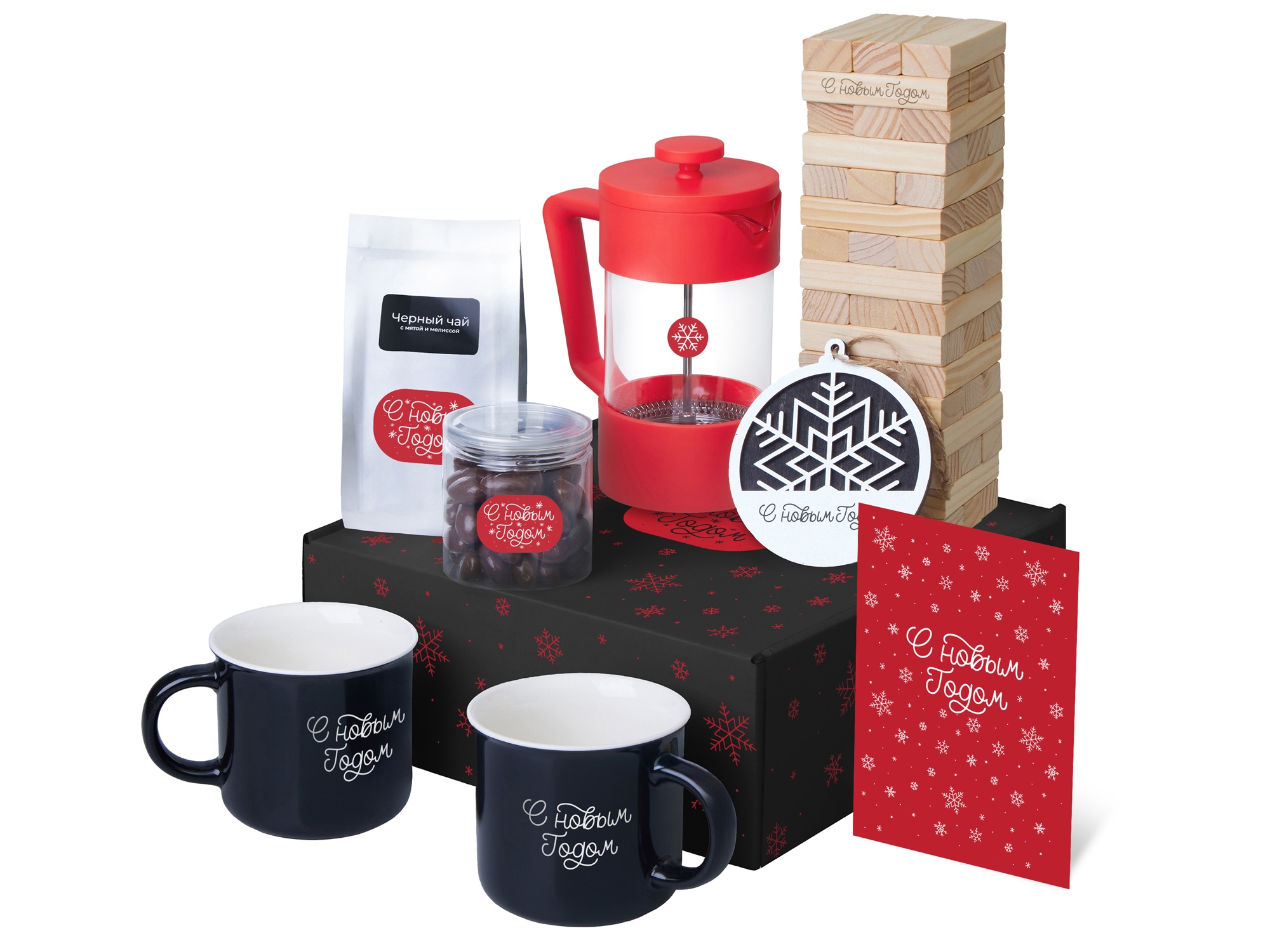 Подарочный набор c френчпрессом, кружками и чаем, красный-0