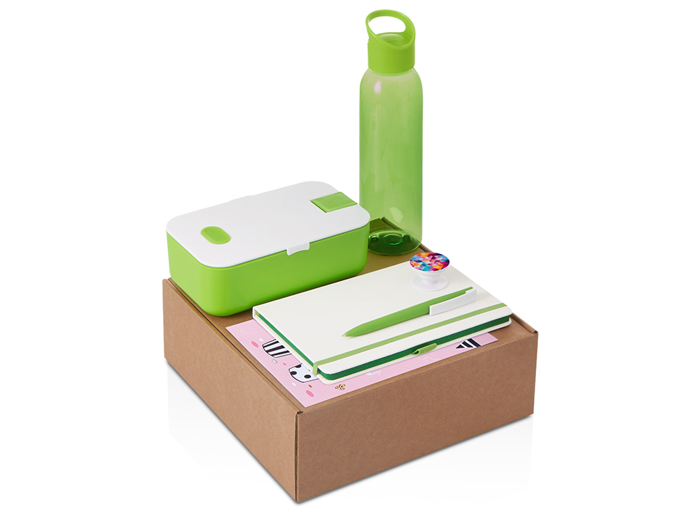 Подарочный набор с бутылкой для воды. блокнотом, ручкой и ланчбоксом, зеленое яблоко-0
