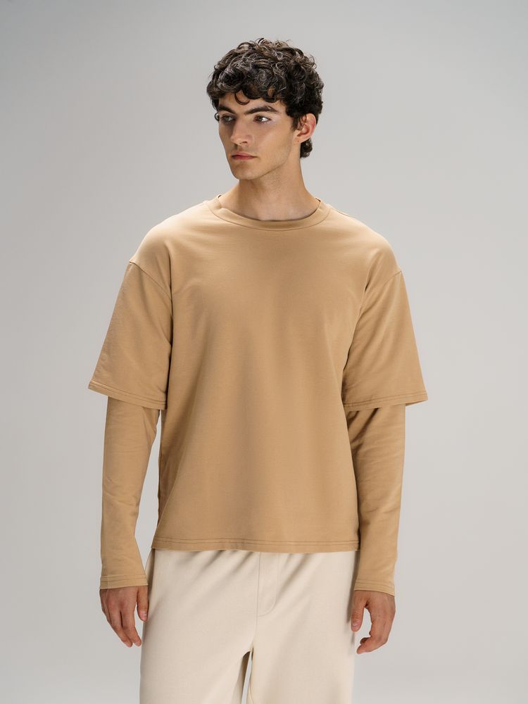 Футболка оверсайз с двойным рукавом Kosmos, бежевая-1