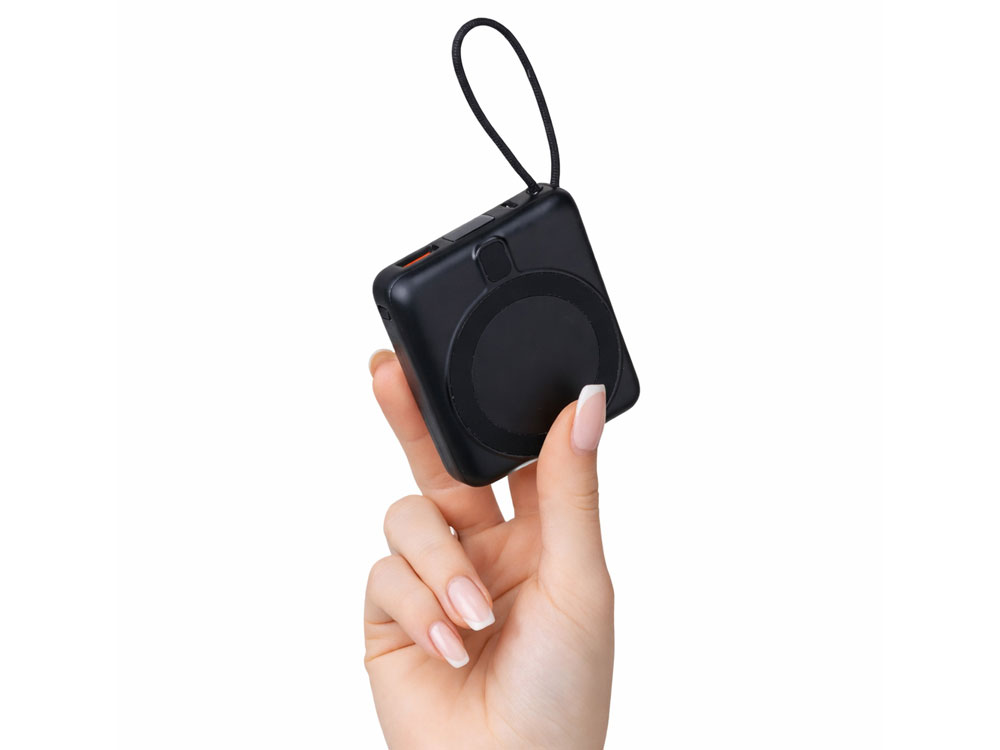 Магнитный беспроводной внешний аккумулятор c подсветкой лого Энчант, 10000 мАч, черный-10