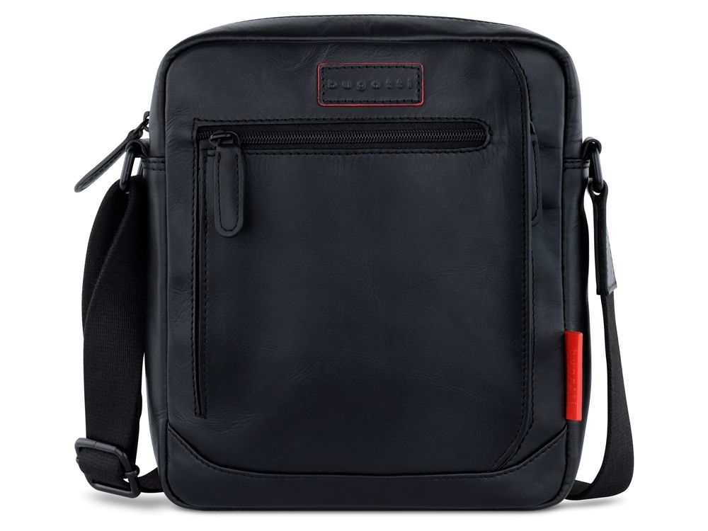 Сумка наплечная мужская BUGATTI Clark, чёрная, воловья кожа/полиэстер, 21х6,5х24 см, 3 л-1