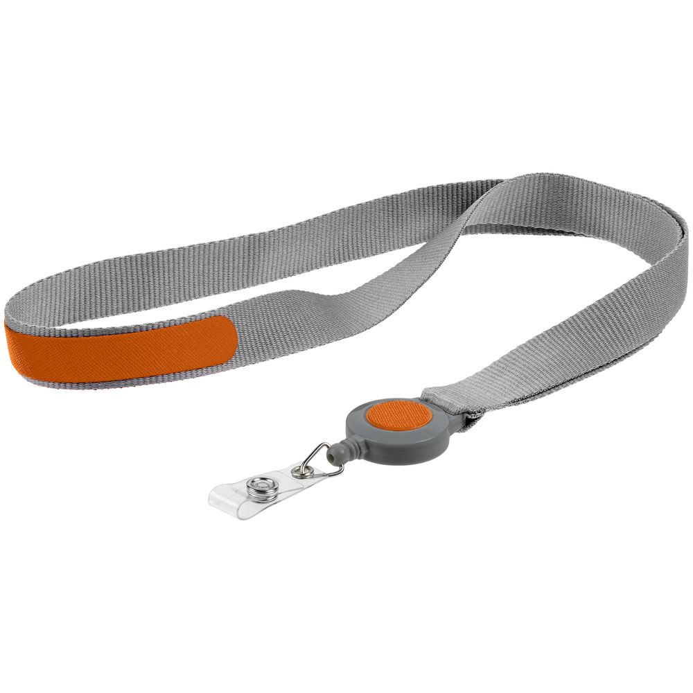 Лента для бейджа с ретрактором Devon, серая с оранжевым-0