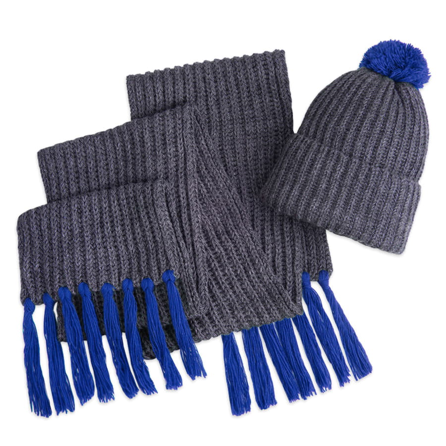 Шапка и шарф GoSnow с ярким пoмпоном и кисточками, синий-1