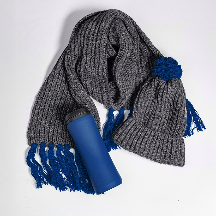 Набор подарочный COLD NIGHT: шарф и шапка, термокружка; синий, синий-1